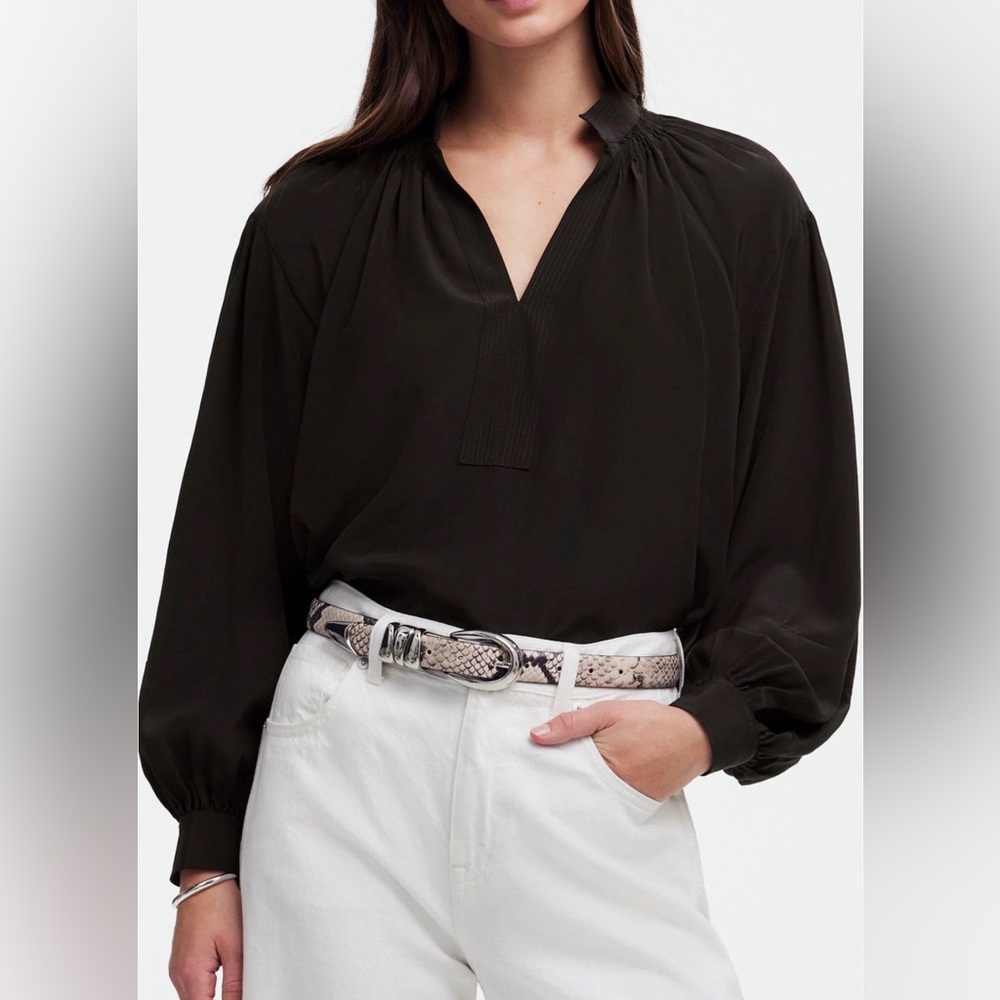 Madewell Shirred Long Sleeve Silk Top Black Women’s Size XS